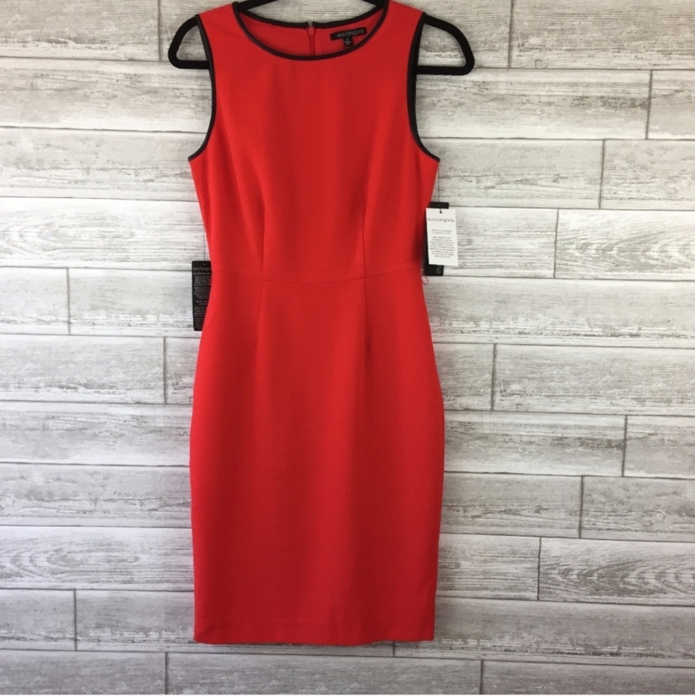 EVA LONGORIA NWT Sz 8 Sheath Wiggle Dress Red Sleeveless Black Faux Leather Trim